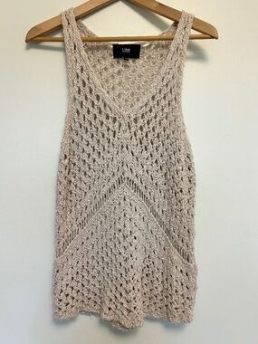 LINE Sasha Crochet Tank Top Open Knit V-neck Cotton  Boho Beige M Coastal Chic